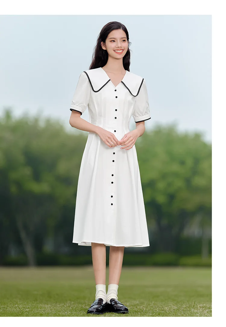 Vestido de mujer de algodón puro con mangas abullonadas, nuevo vestido de verano con bloques de color, solapa grande y largo medio, estilo universitario.