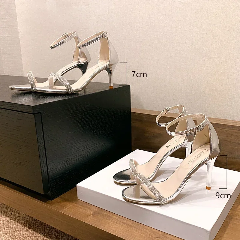 New Summer's New Round Toe Metal One-strap Anti-slip and Wear-resistant High-heeled Sandals Ladies Elegant Party Shoes