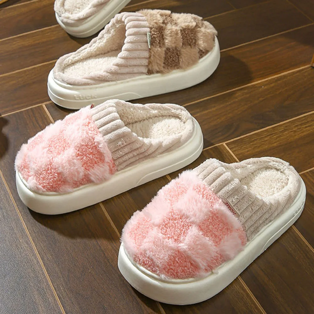 Fashion Cotton Slippers For Women's Winter Indoor Home Fur Slippers With Thick Sole And Anti Slip Winter Style For Home Use