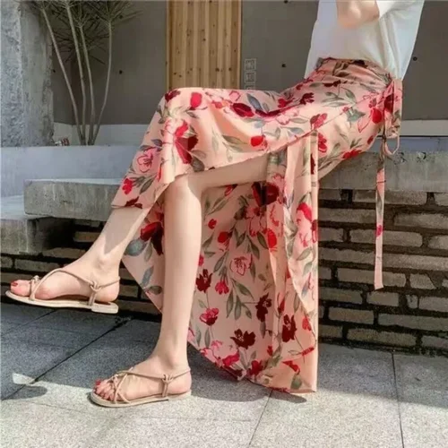 여성용 면 꽃 프린트 스커트, 사이드 타이 비치 스커트, 하이 웨이스트 랩 플라워 롱 스커트, 슬릿 포함, 여름 패션 4