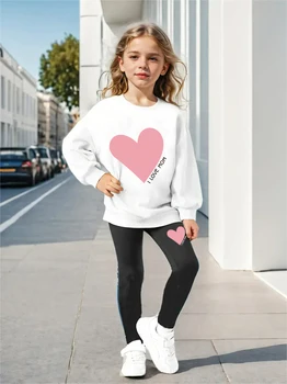"I Love Mom" Love Print Girl 2-Piece Set, Comfortable White Hoodie And Stretch Leggings - Perfect For Autumn And Winter