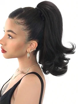 14 Inch Black Long Curly Ponytail Extension Natural Fluffy Drawstring Clip in Ponytail Hairpiece for Women Synthetic Hair Bun