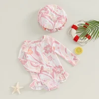 Toddler Infant Baby Girl Swimsuit Long Sleeve Rash Guard  Floral Zipper Bathing Suit Ruffled Beach Wear 3