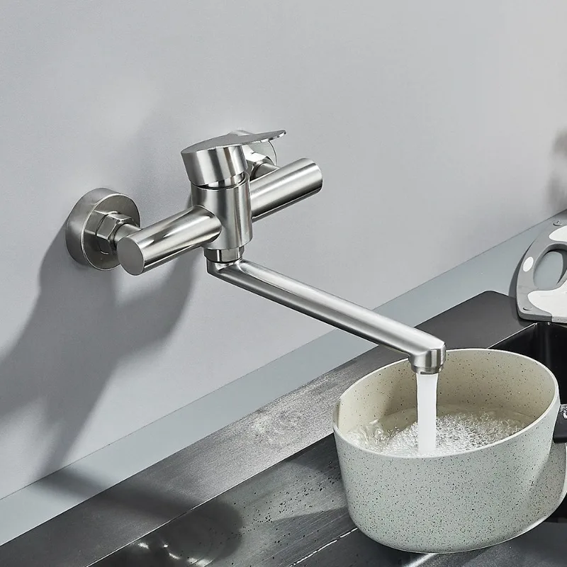 High Quality Stainless Steel Bathroom Faucet Wall Mounted Faucet Hot and Cold Tap With Accessorie Extended Handle