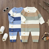 MISOWMNJOY Baby Girl Boy Knit Sweater Romper Winter Stripe Button Long Sleeve Full Length Jumpsuit for Newborn Crochet Clothes 4