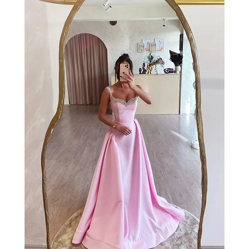 

Stunning Pink A Line Prom Dress Beaded Straps Formal Evening Dresses Elegant Sweep Train Dresses for Special Occasions