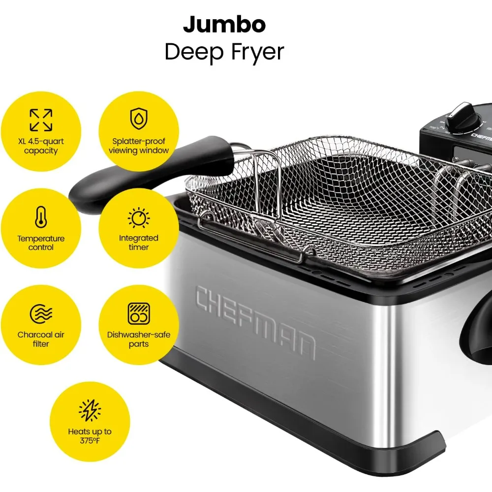 New 4.5 Liter Electric Deep Fryer W/Basket Strainer, Adjustable Temperature & Timer, Perfect for Fried Chicken