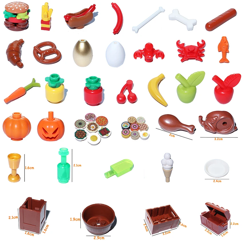 Moc Accessori Per Alimenti Building Blocks Cibo Pesce Pane Pizza Cioccolato Frutta Carota Hamburger Chips Bottiglia Di Pollo Mattoni Giocattoli