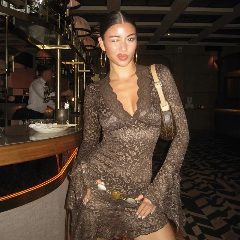 

Lace Mesh Mini Dress Lady Sexy Party Bodycon Evening Black Dresses Women Winter Elegant Luxury Birthday Short Club Dresses