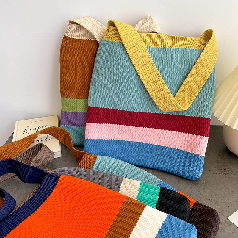 

Women's Knitted Striped Shoulder Bag Female Woven Crossbody Handbag Eco Large Capacity Rainbow Storage Bag