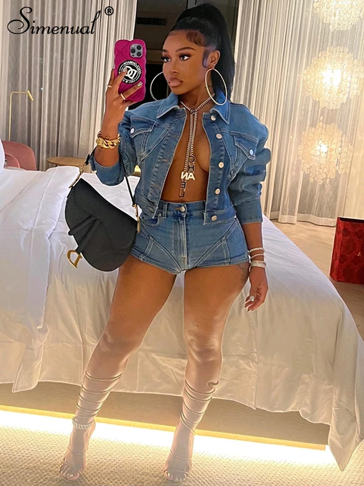 

Simenual Blue Denim Two Pieces Set Autumn Preppy Long Sleeve Buttons Lapel Jacket and Pocket Shorts Ladies Chic Loungewear Sets