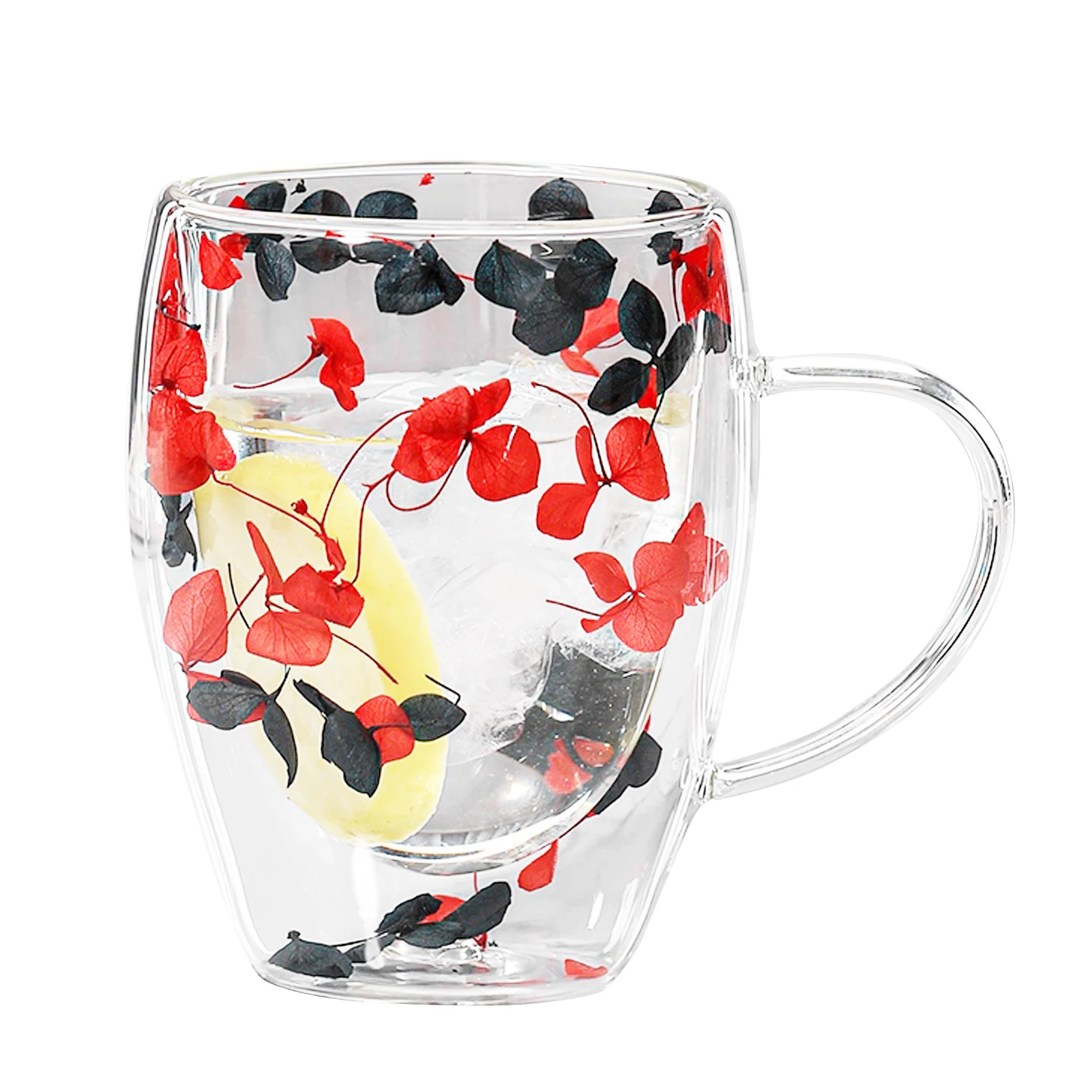 Tazza In Vetro A Doppia Parete Con Fiori Secchi - 350 Ml, Isolante, Con Manico, Per Caffè E Tè