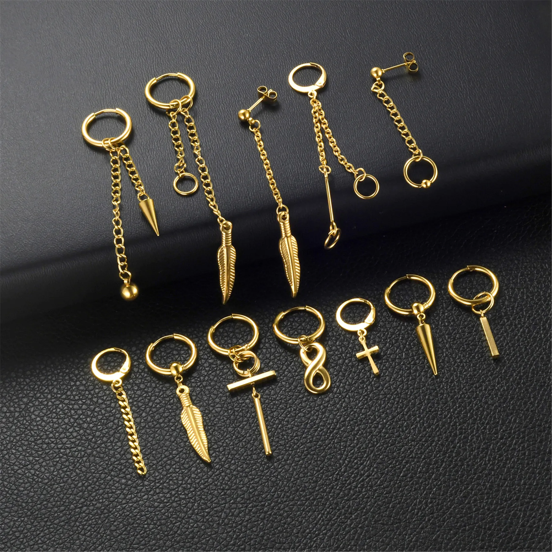 BONISKISS 12pairs Men Women Stainless Steel Cross Chain Feather Spike Rivet Ball Hoop Earrings Drop Dangle Huggied Ear Studs Set 5