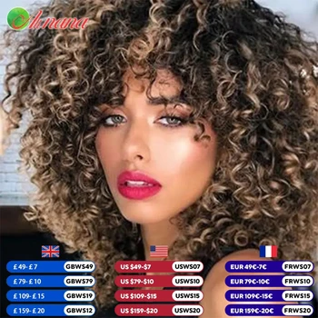 Parrucca sciarpa riccia rimbalzante brasiliana Parrucca piena di colore zenzero/marrone/biondo con frangia Parrucca riccia stile 100% capelli umani per le donne