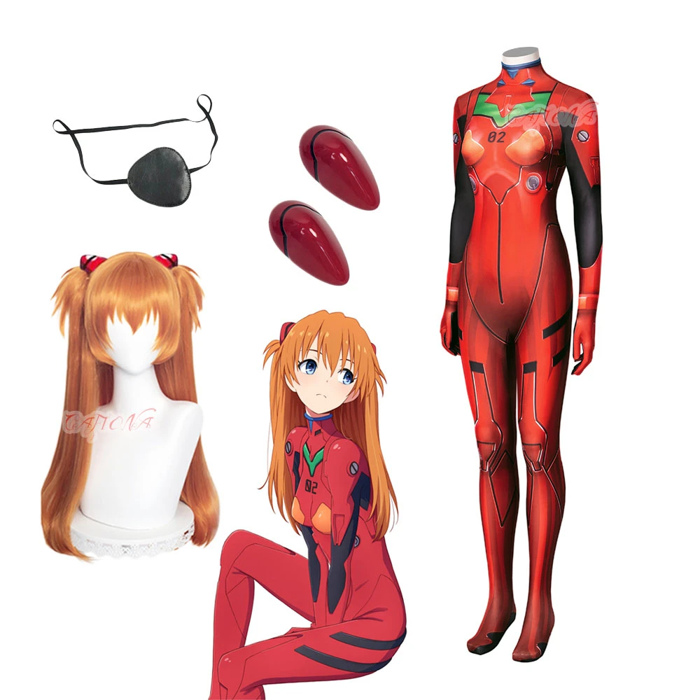 New Anime Eva Asuka Langley Soryu Cosplay Costume Wig Women Halloween Red  Bodysuit Jumpsuits Hair Clips Eye Pad Full Set - Cosplay Costumes -  AliExpress