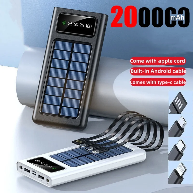 

Solar Power Bank 200000mah Solar Battery Large Capacity Two-way Fast Charging Built-in Cable Power Bank External Battery 2024