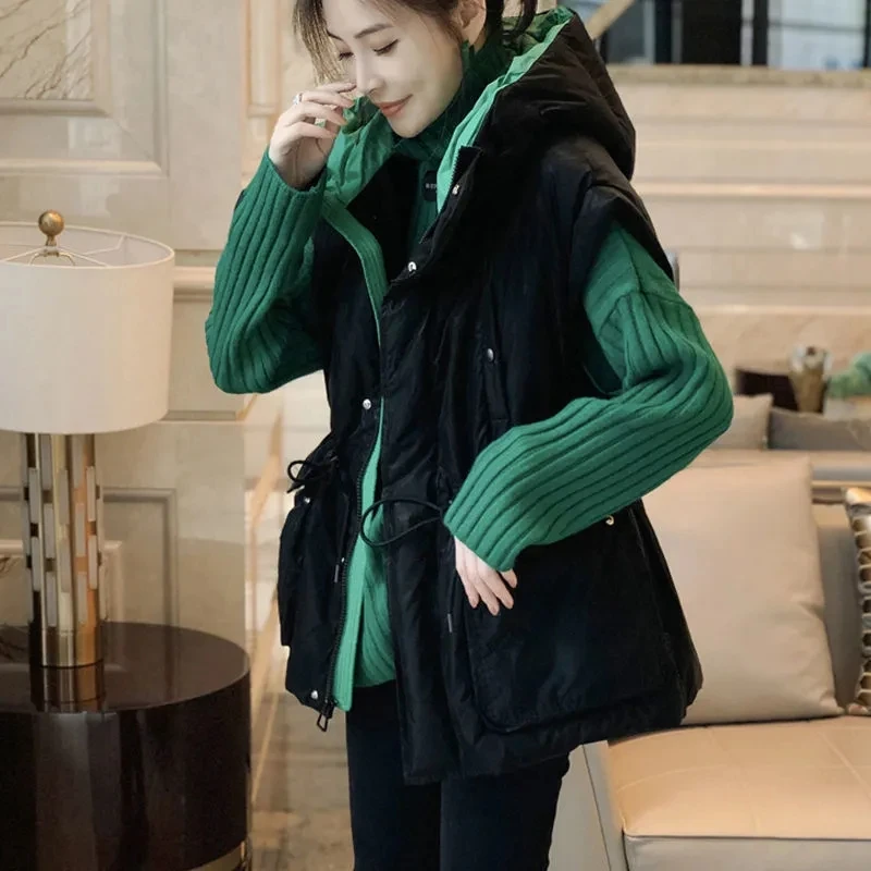 

2024 New Autumn Winter Turtleneck Sweater Hooded Down Cotton Vest Coats Two Piece Sets Women Knitted Pullover Wasitcoats Jackets