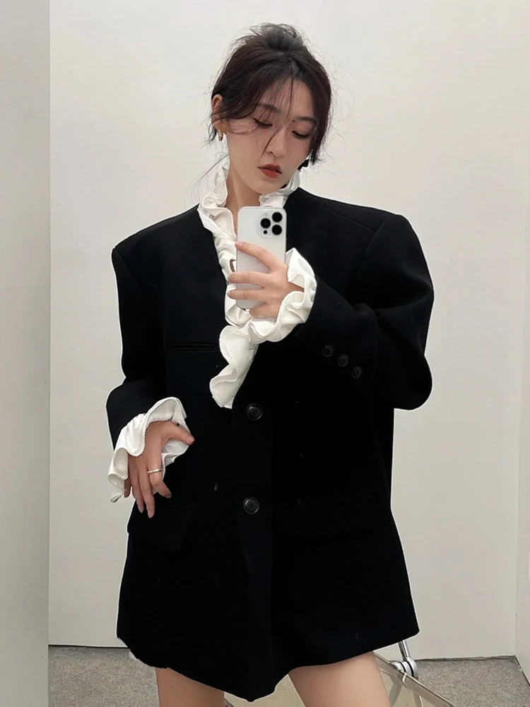 

2023 Autumn and Winter Celebrity Elegant Women Black Coat Stitching Ruffled Collar Mid-length Office Lady Suit Tweed Blazer Top