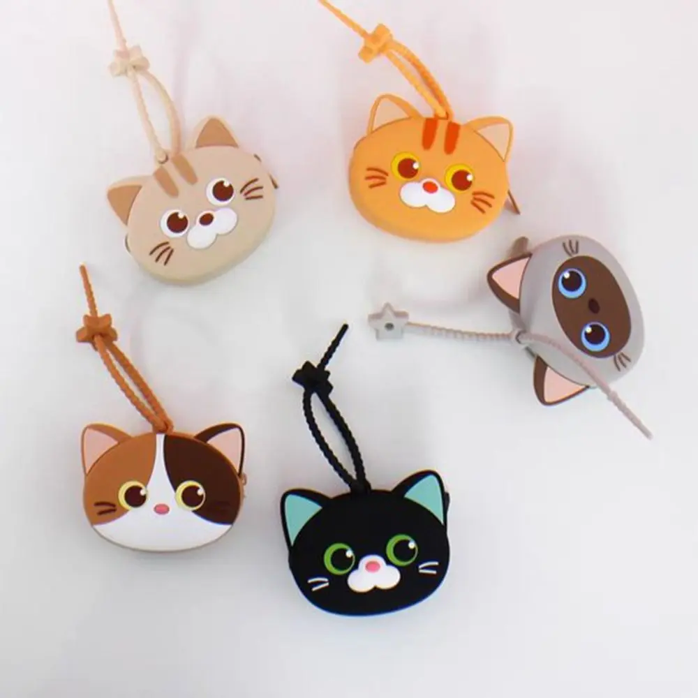 Cute Cartoon Cat Silicone Coin Purse with Keyring Portable Data Cable Earphone Storage Bag Organizer for Women