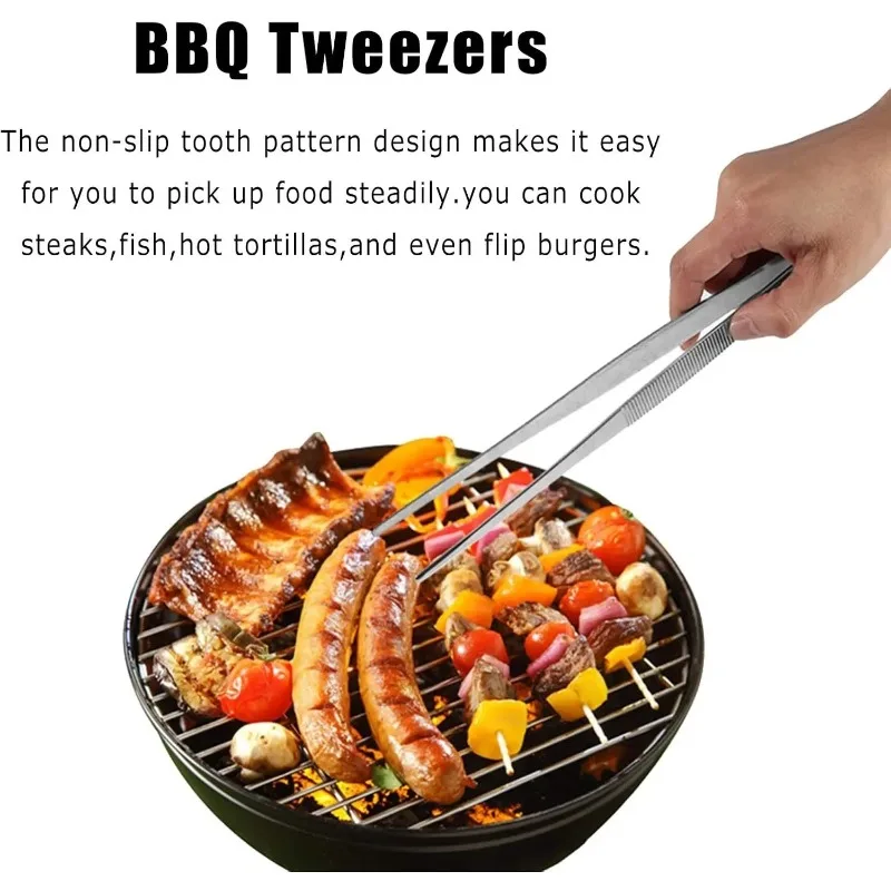20CM/30CM Home Medical Garden Kitchen Barbecue Tools Long Barbecue Food Pliers Stainless Steel Straight Teeth Tweezers Practical