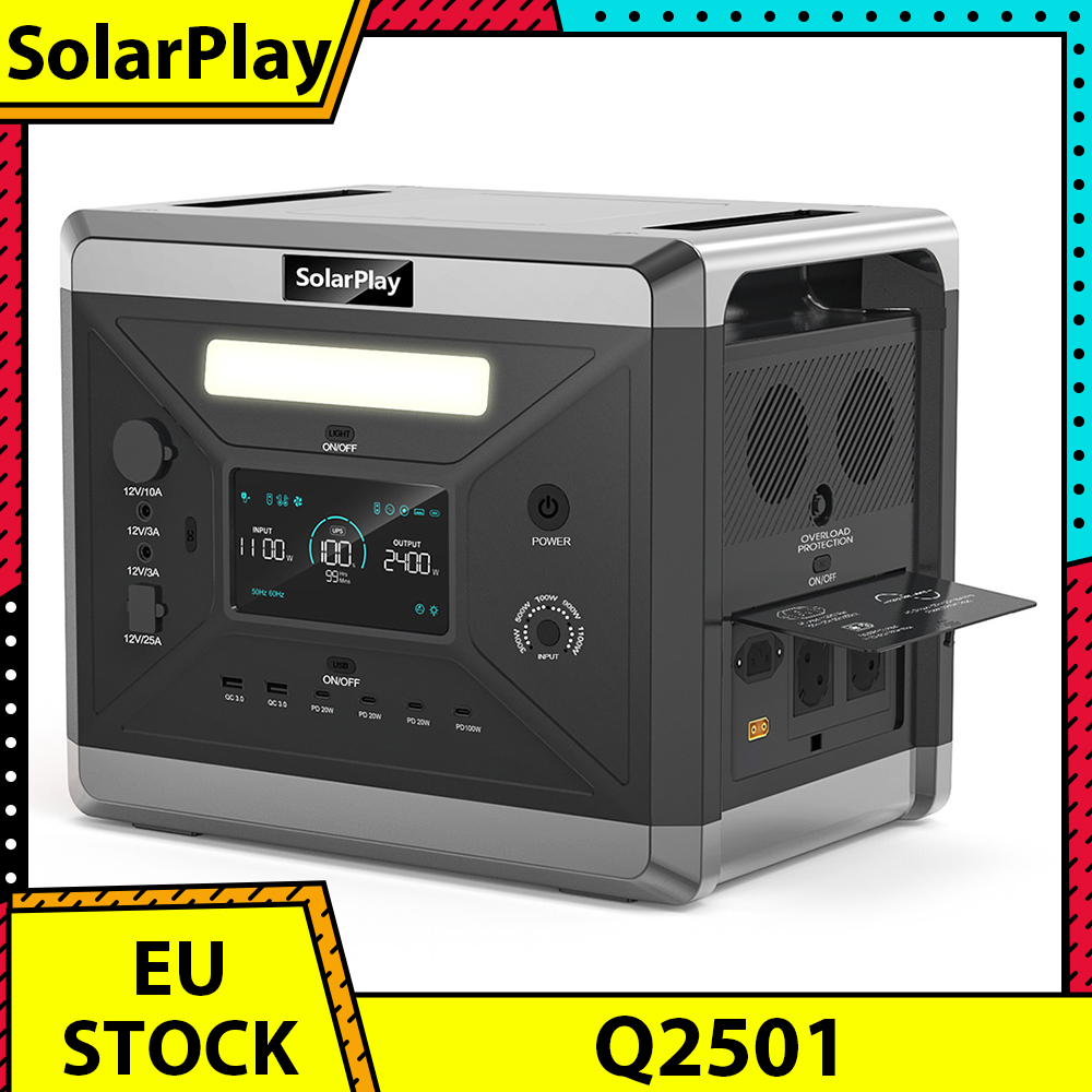 SolarPlay Q2501 Portable Power Station 2400W/2160WH LiFePO4 Battery 12 Output Ports Fully Charged in 1.5 Hours 4 Charging Method