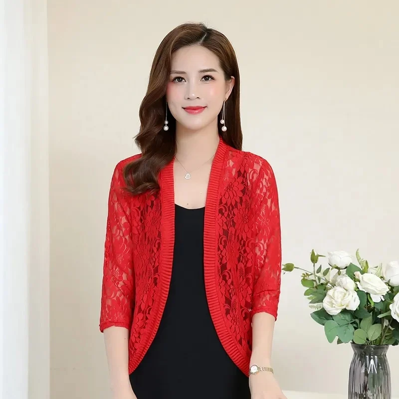 Spring and summer air conditioning clothing lace cardigan sunscreen shawl plus coat seven minutes sleeve small outside_voghion.com