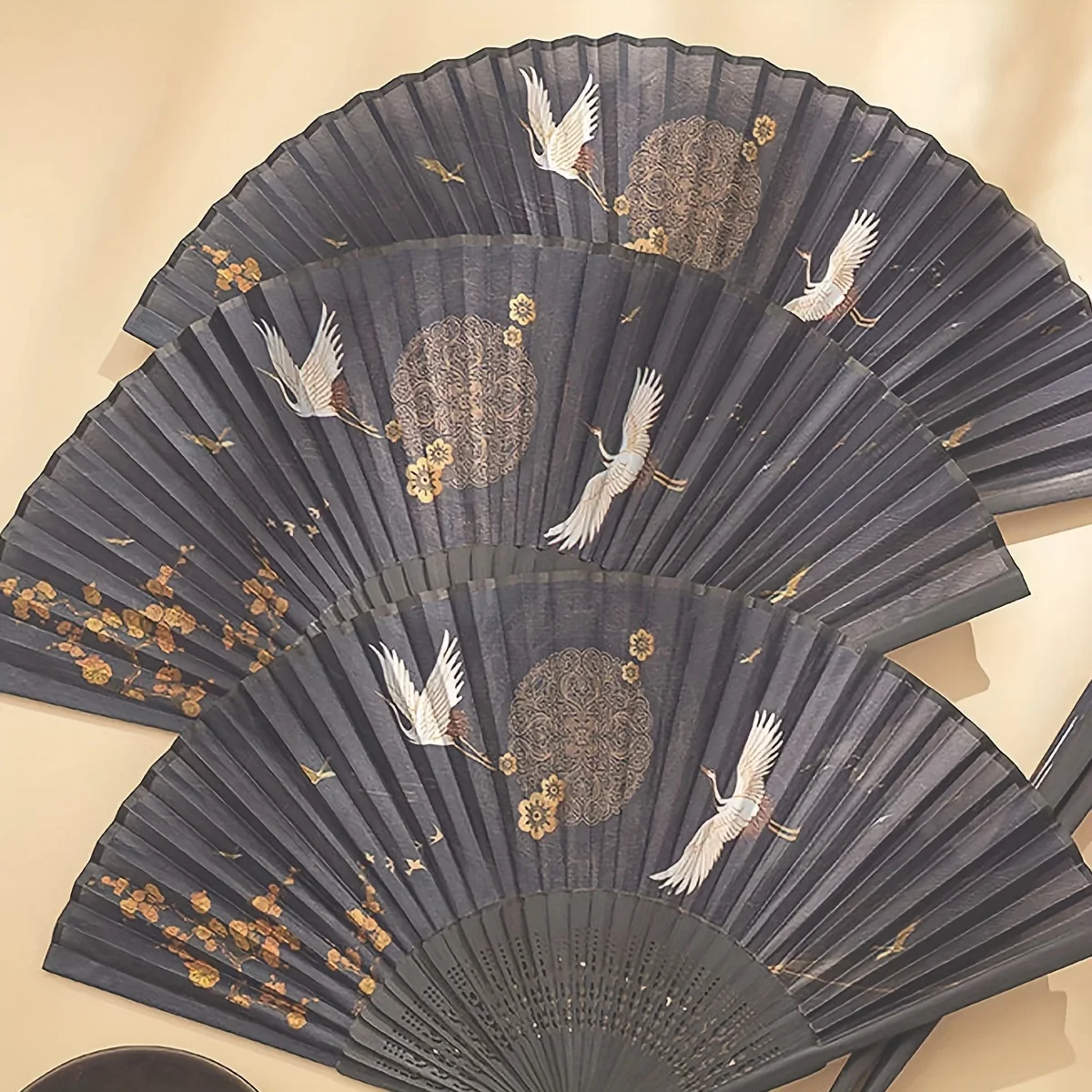 Vintage Styles Chinese Hand Fan Cranes Pattern Ancient Folding Fan with Tassels