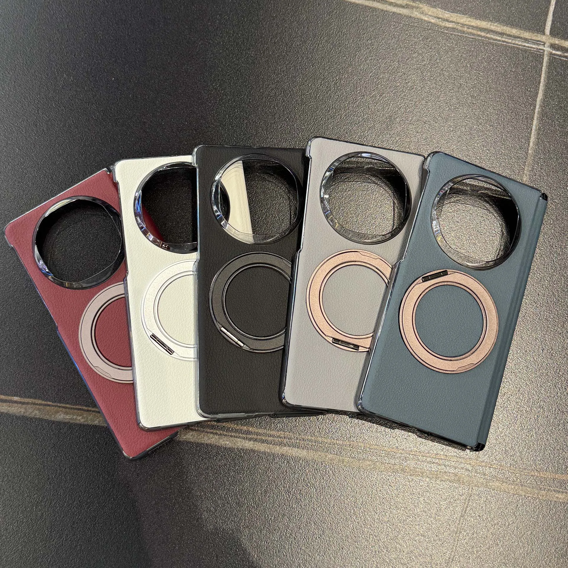 Electroplated Matte Leather Magnetic Ring Holder Case with Folding Hinge Cover