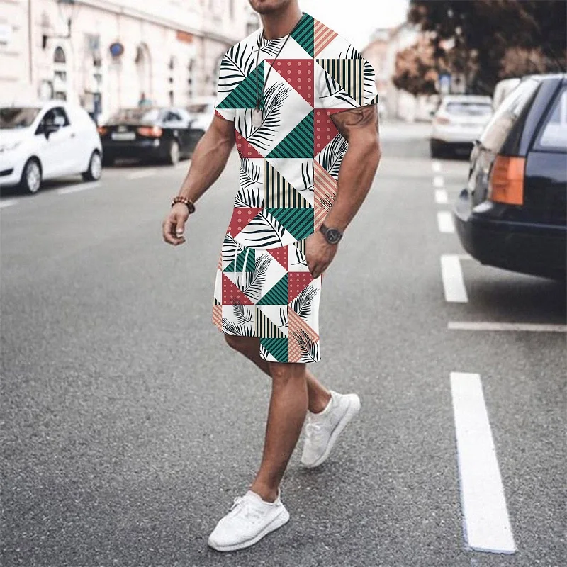 

Summer Men's Sportswear Fashion O Collar Short Sleeve Suit 3D Chain Printed Oversized Clothing 2 Pieces Casual And Comfortable