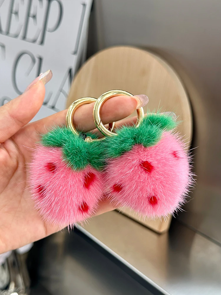  Cute Real Mink Fur Keychain Pendant Plu Ball Bag Car Stberry ape Hanging Ornament Faionable Bag Accory