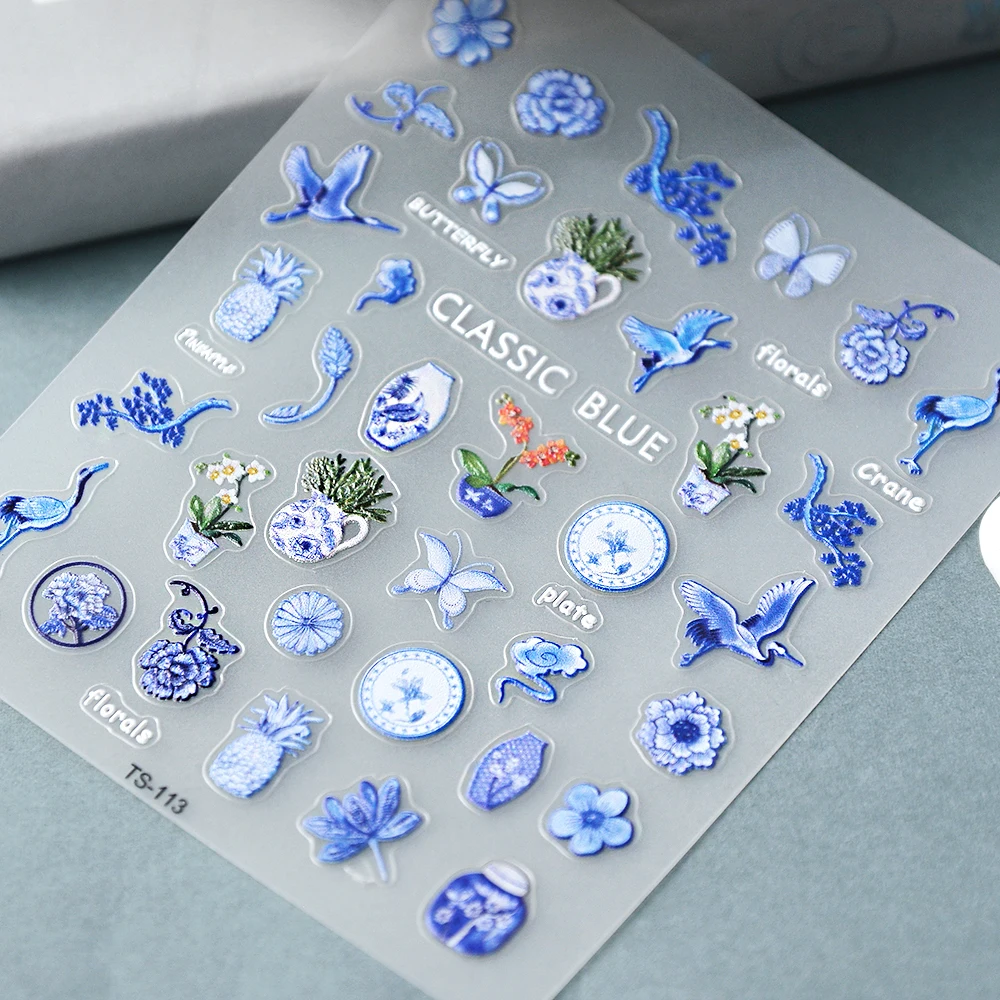 Classic Blue Foral Vase 5D Nail Sticker Embossed Engraved Decal Nail Supplies 4