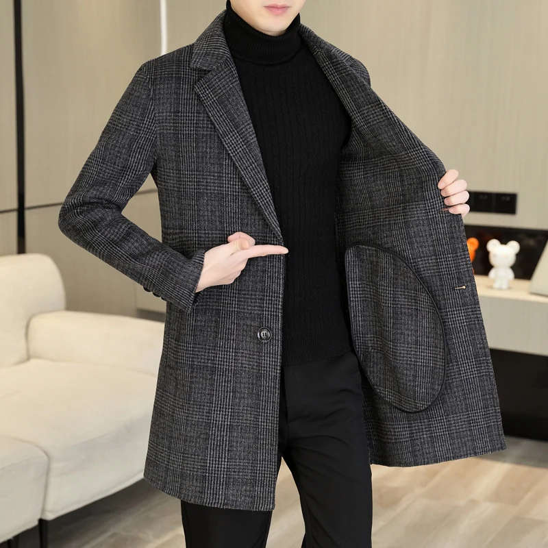 Cappotto di lana scozzese di media lunghezza di alta qualità Autunno Inverno Business Casual Giacca a vento di lana da uomo Capispalla Cappotto superiore spesso 3