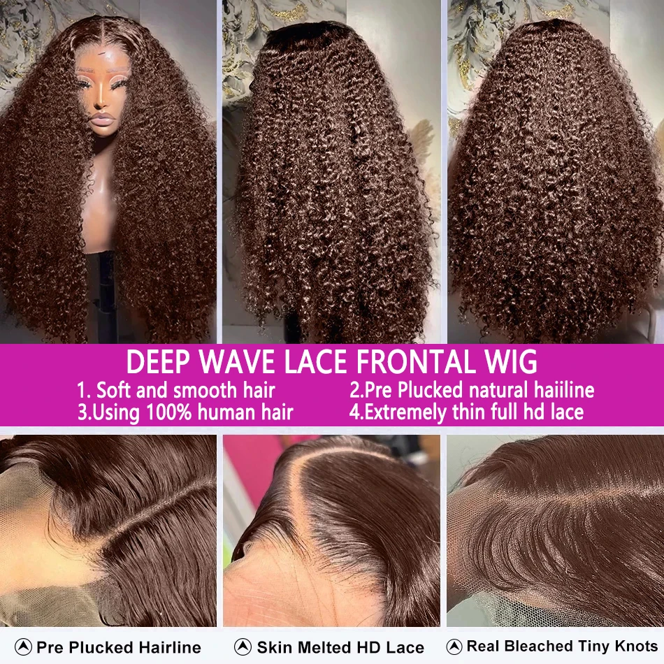 Curly HD 230% 13x6 Chocolate Brown Deep Wave Human Hair Wigs 13x4 Lace Front Water Wave 30 40 Inch Transparent Lace Frontal Wig