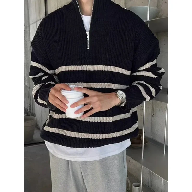 

2024 New Winter Half-Zip Sweaters Men Korean Fashion Long Sleeve Striped Loose Pullovers Heavyweight Thick Warm Knit Tops