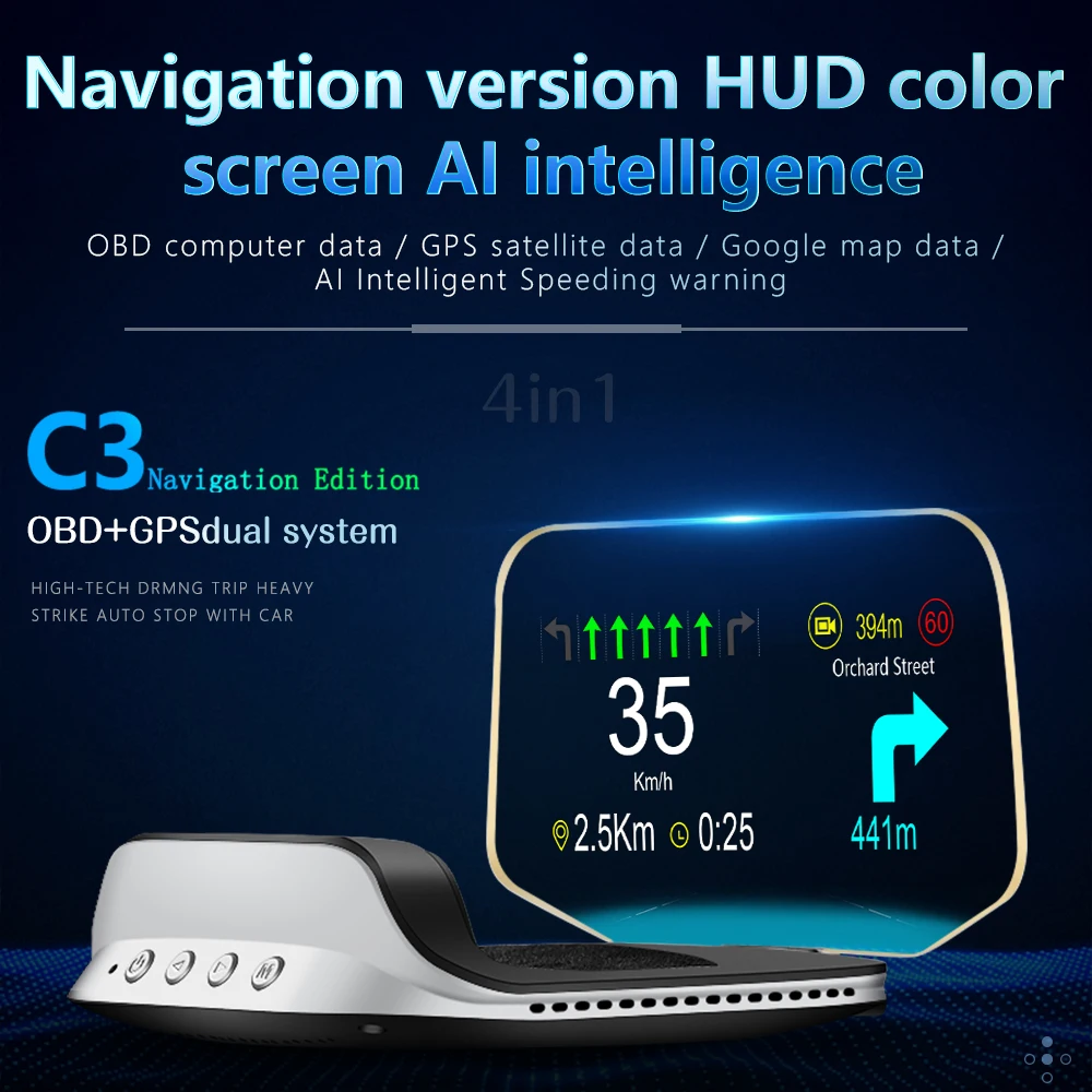 HUD Car C3 OBD GPS Heap up Display HD Smart Navigation Projector for Windshield Obd2 Tachometer On-board Computer Safety Alarm 1