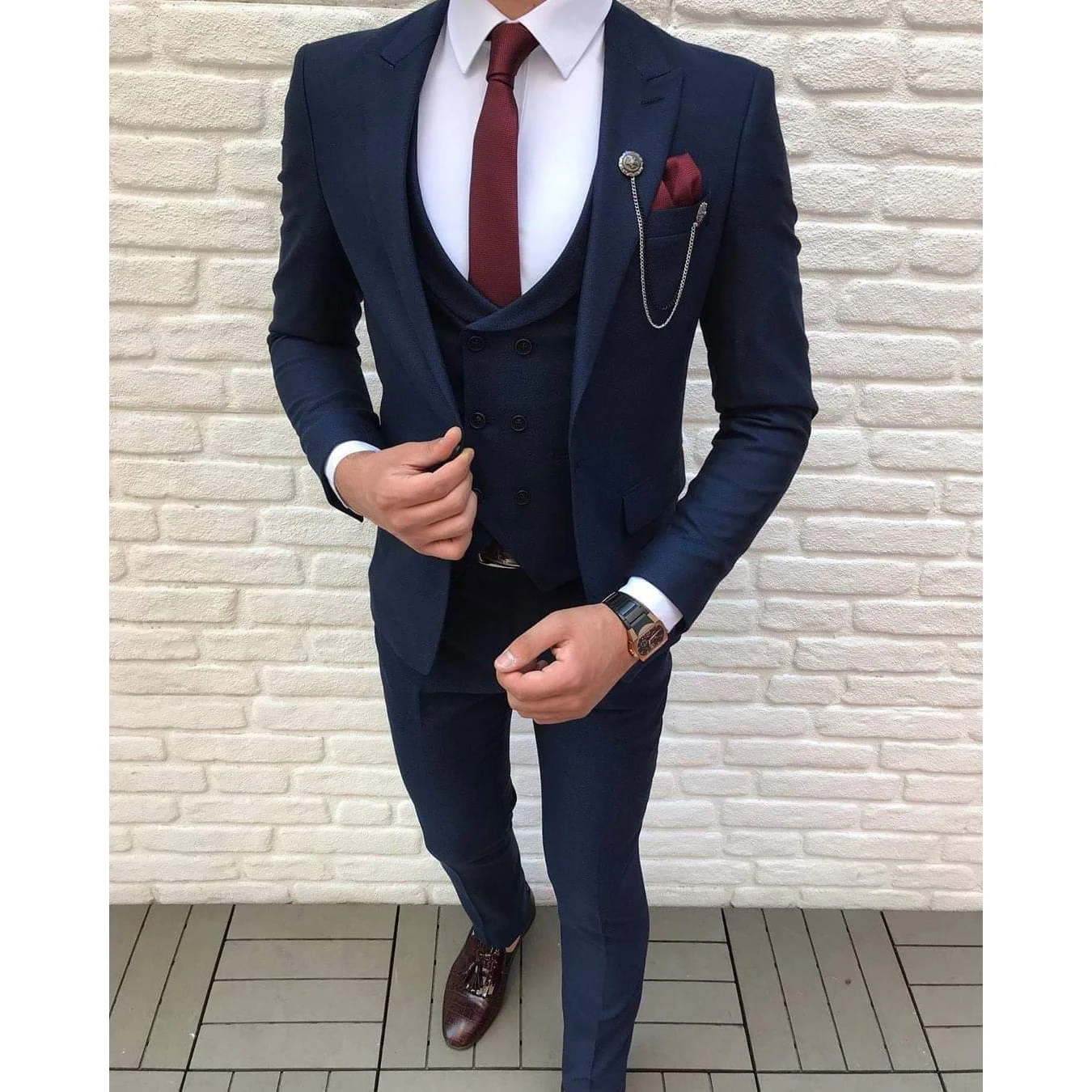 

2022 New Tailor Made Lapel Navy Blue One Button Suit Men Double Breast Vest Slim Fit Groom Tuxedos Business 3 Pic Suit Blazer