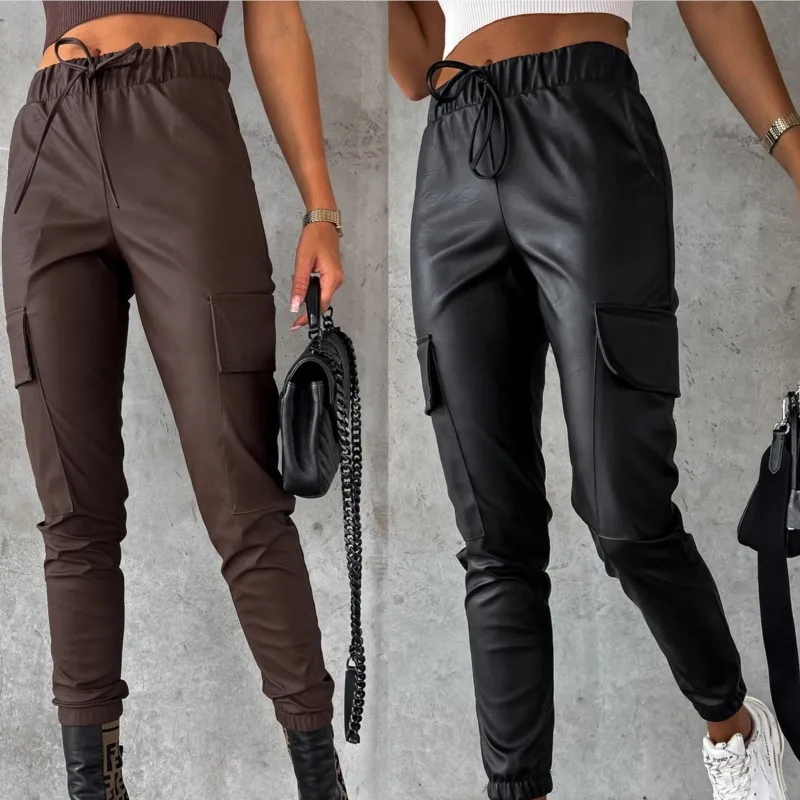 

Women's Leather Pants 2023 New PU Leather Pocket Tethered Coffee Color Leather Pants Small Foot Pants Free Shipping