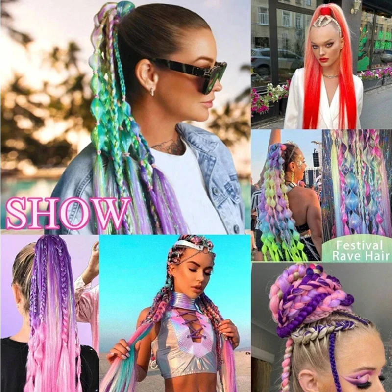 Synthetic 2Pcs Colorful Ponytail Extension  Long Straight DIY Braided Pony Tail Hairpiece with Rubber Band Women For  Christmas