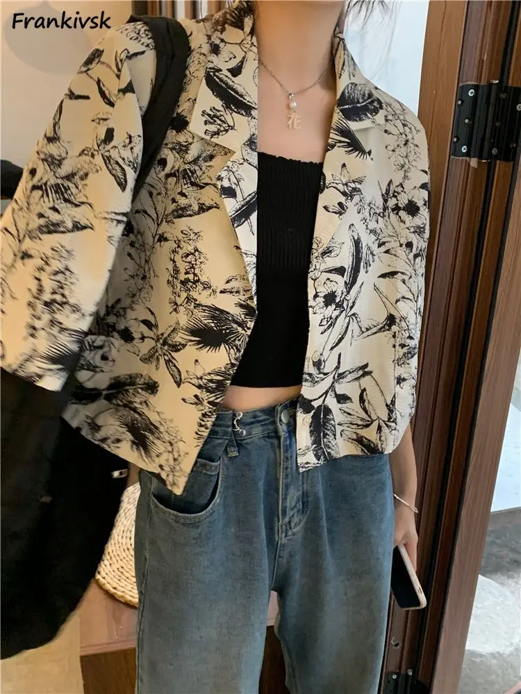 

Printing Shirts Women Single Breasted Three Quarter Loose Cropped Summer Breathable Comfortable European Style Retro All-match