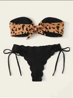 Beach Bikini 2024 Woman Sexy Front Lace Up Tie Bandeau Leopard Swimsuit Female Push Up Ruffled Bow Bathing Suit Thong Swimwear 3