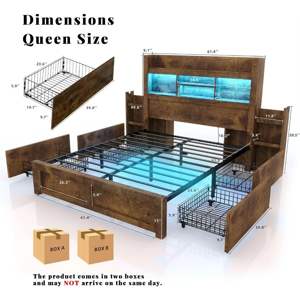 bedstead with 49.6" Bookcase Headboard & 2 Detachable Bedside Stoage Racks & 4 Drawers, with RGB LED & Charging Station,bedstead 6