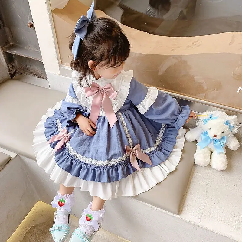 Winter Thicker Lolita Dress Girls Kids New Year Dress Long Sleeve Blue Alice In Wondeland Cute Lolita Doll Teen