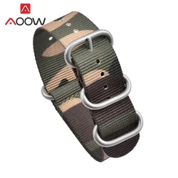 Camouflage Nylon Watch Band with Stainless Steel Ring Buckle, Men's Military Style, Adjustable - 22mm (Camo 4 silver)
