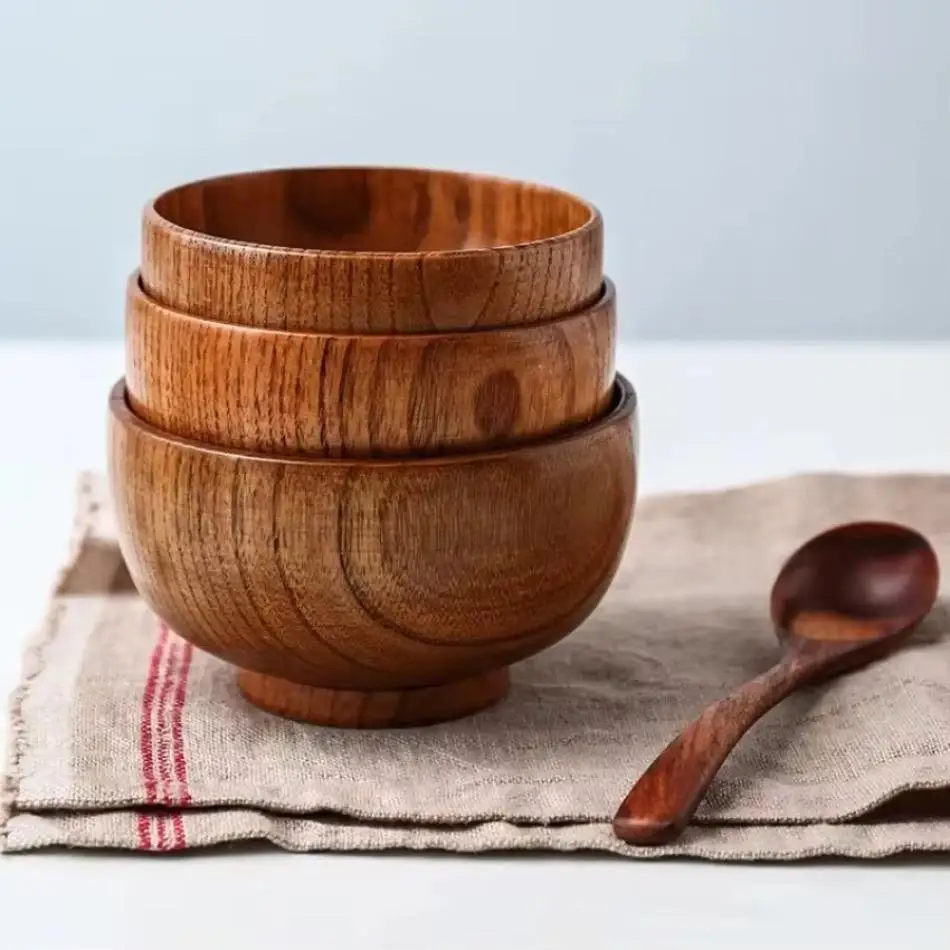 New Japanese Style Jujube Wooden Bowl Round Large Soup Bowl Creative Kids Rice Bowl Tableware Vintage Wooden Bowls Tableware