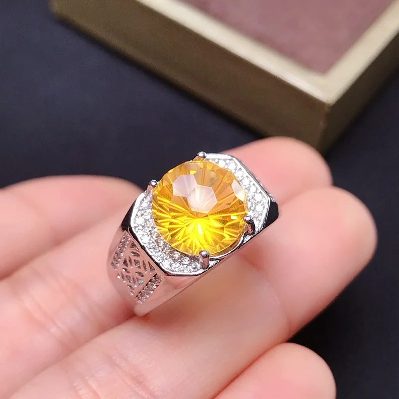 

Pure 925 Sterling Silver Fireworks Citrine Ring for Men Natural Adjustable Size Ring