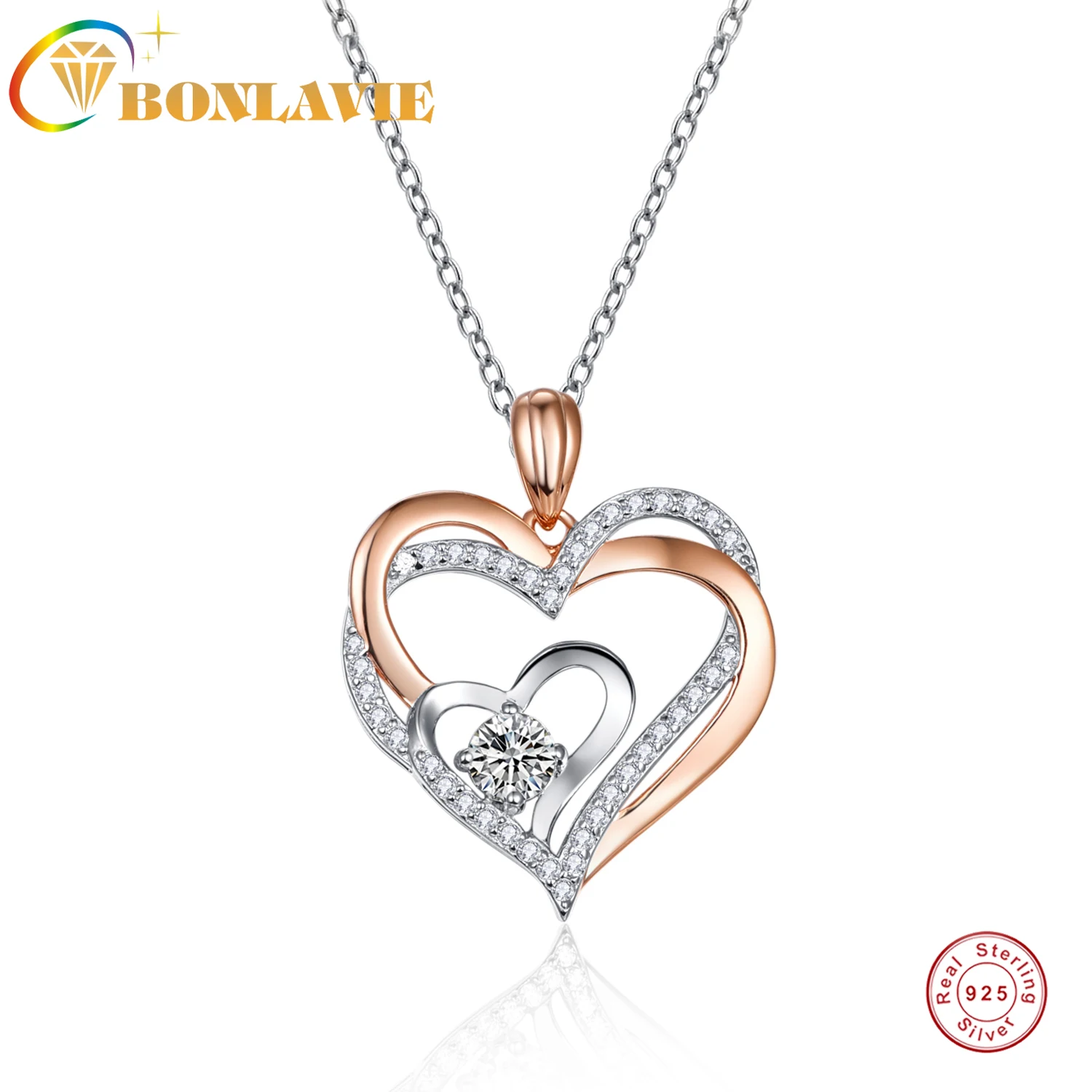 

BONLAVIE 925 Sterling Silver White Gold Color Necklace For Women Engagement Jewelry Rose Gold Zircon Double Heart Pendant