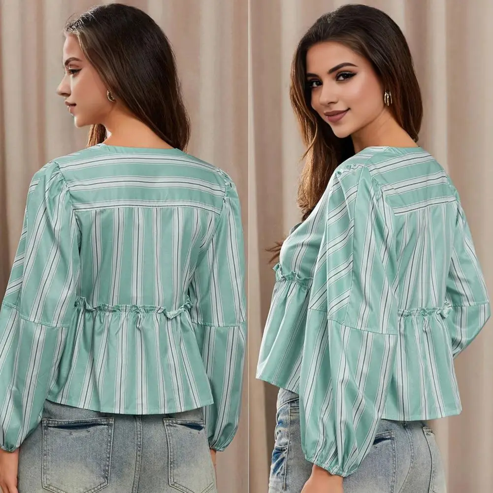 

Женская блузка в полоску с оборками и шитьем на подоле, женская рубашка с круглым вырезом, длинным рукавом-фонариком и шнуровкой спереди, Дизайнерский полосатый принт