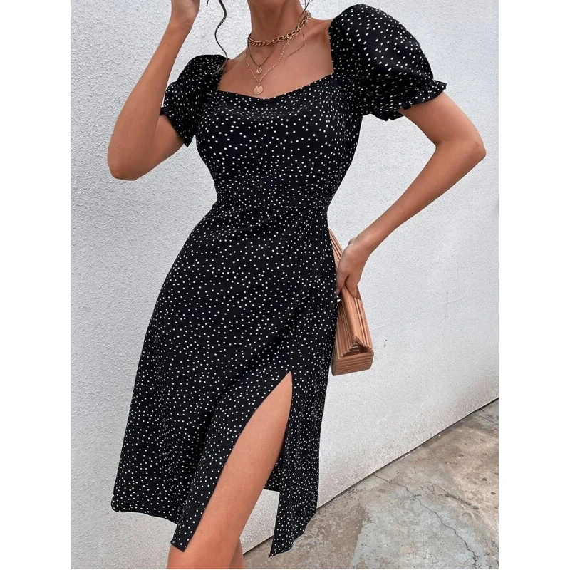 

2023 New Dotted Bubble Sleeve Split Bottom Dress