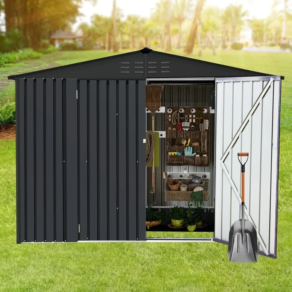 9.1FTx4.2FT Outdoor Storage Shed, Tool Garden Large Metal Sheds with Double Lockable Door, Galvanized Steel Storage House, Black