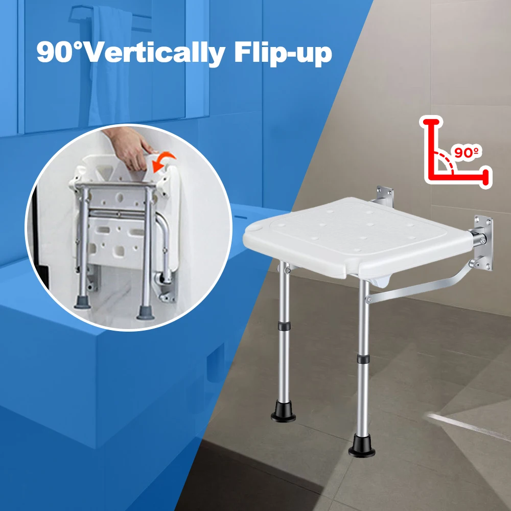 42~53mm Height Adjustable Folding Shower Bench Wall Mounted Bath Seat Screw-in Bathroom Chair Stool with Non-slip Feet 3
